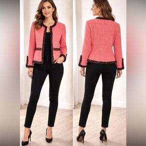 NWOT apt.9 Pink Tweed Jacket with black Trim detailed sleeve size 14